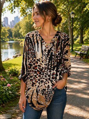 Slimfactor By Investments Animal-Print V-Neck Tunic with Chain Detail